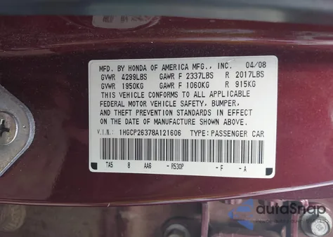 2008 Honda Accord 2.4 Lx z USA, uszkodzony, nr VIN 1HGCP26378A121606